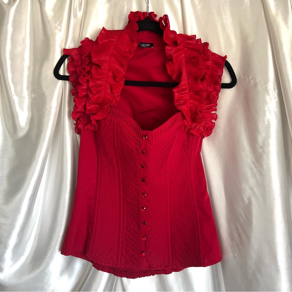 Bebe Red Ruffled Button-Up Top - Picture 2 of 6